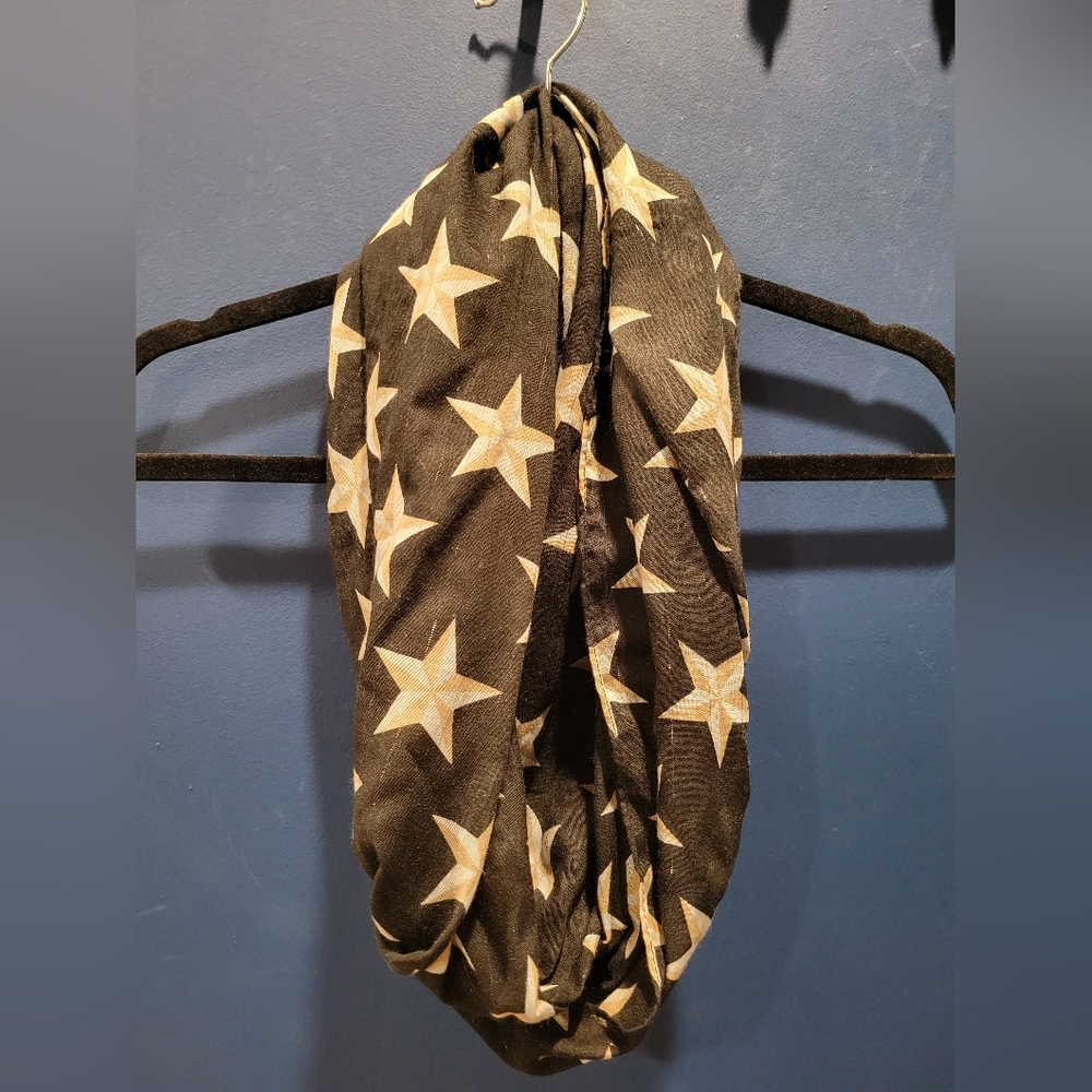 Charming Charlie Black Infinity Scarf White and Gold Stars - Excellent Condition